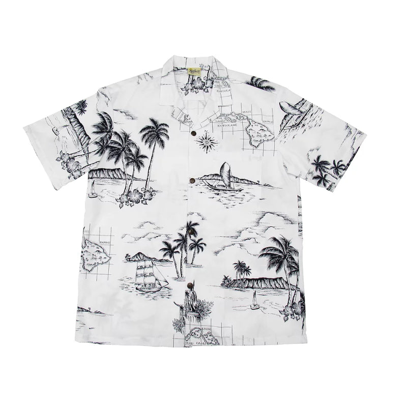 Hawaiian Ocean Map Aloha Shirt | Cream, White - Muumuu Outlet