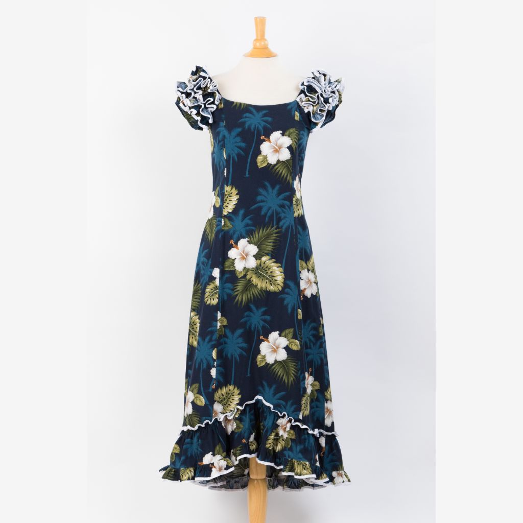 Buy navy Hibiscus and Palm Tree Family Matching Gorgeous Ruffle Hawaiian Dress