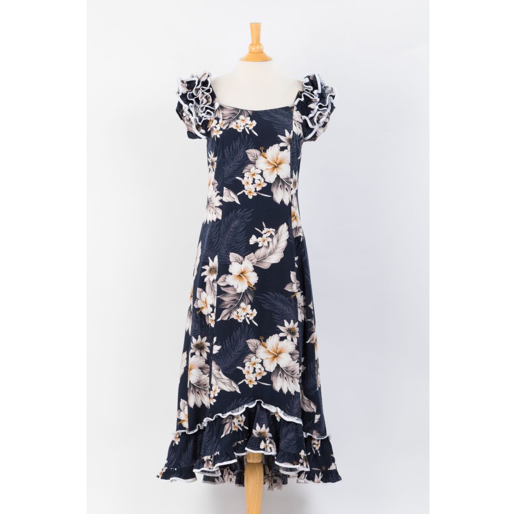 Dark Navy Hibiscus Long Muumuu Hawaiian Dress