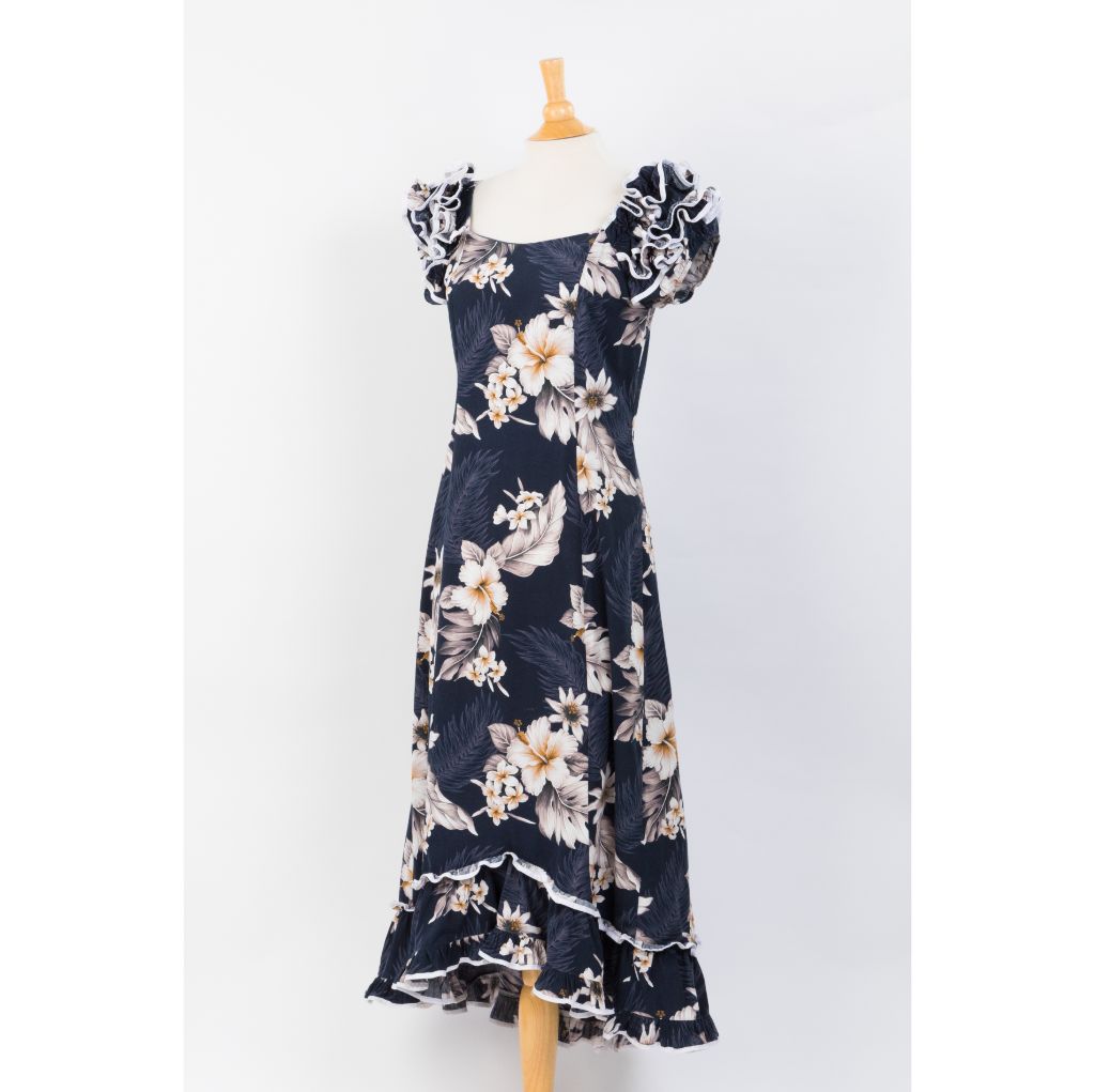 Dark Navy Hibiscus Long Muumuu Hawaiian Dress side