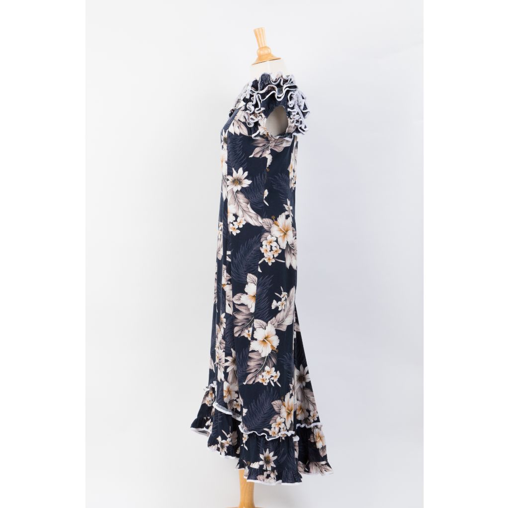 Dark Navy Hibiscus Long Muumuu Hawaiian Dress side view