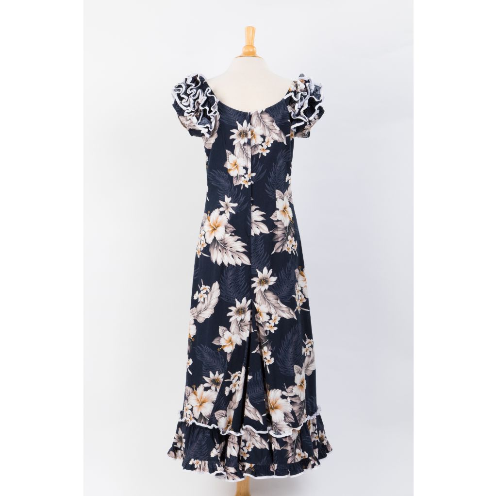 Dark Navy Hibiscus Long Muumuu Hawaiian Dress back view