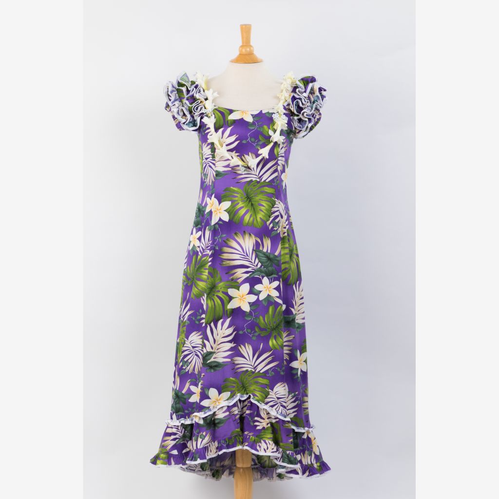 White Tiare Flower Gorgeous Ruffle Hawaiian Dress - Purple - 0