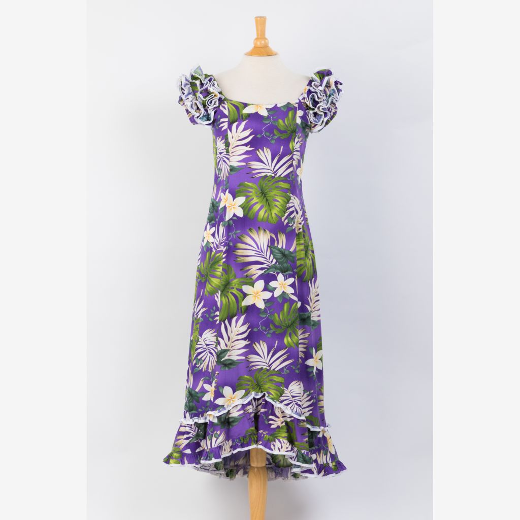 White Tiare Flower Gorgeous Ruffle Hawaiian Dress - Purple