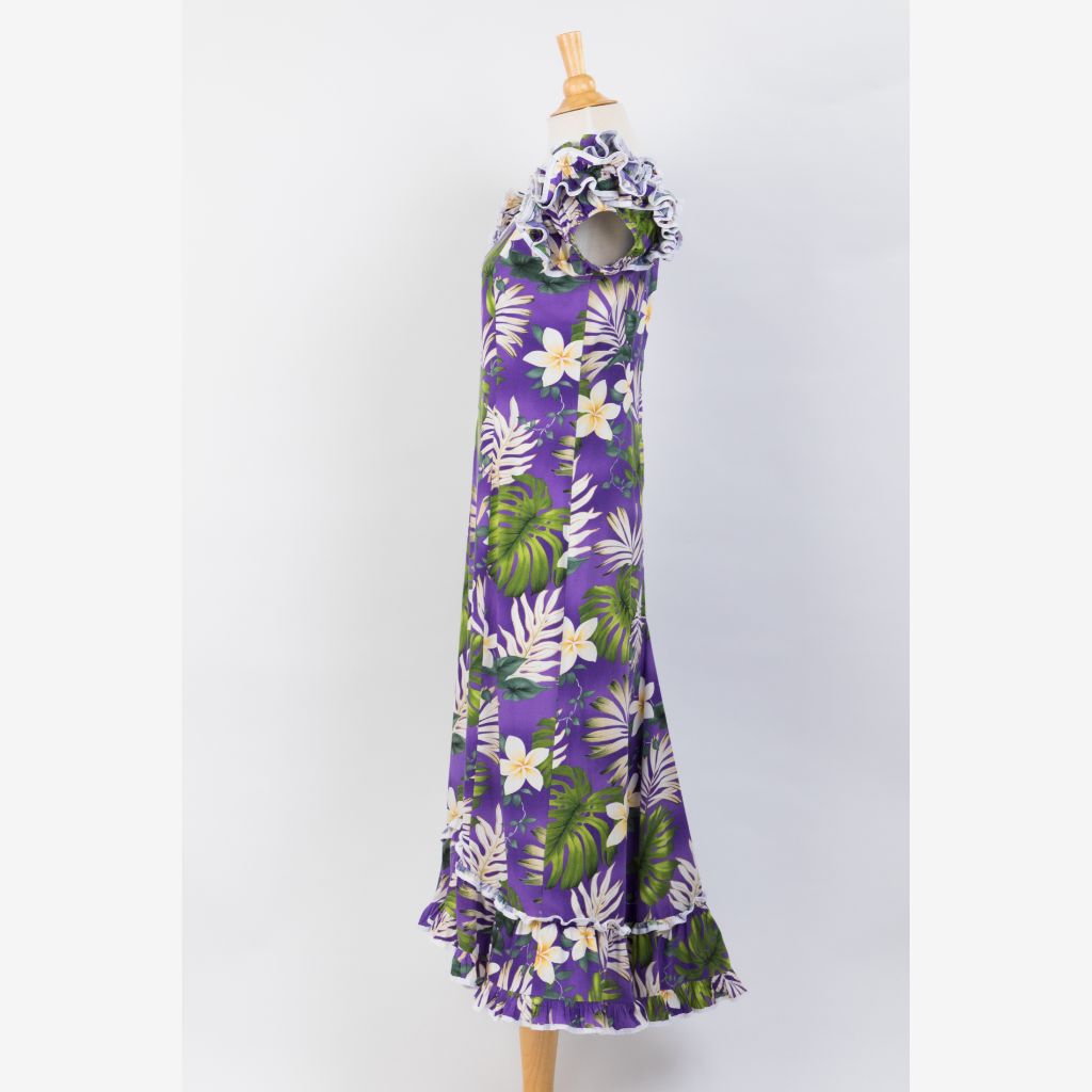 White Tiare Flower Gorgeous Ruffle Hawaiian Dress - Purple