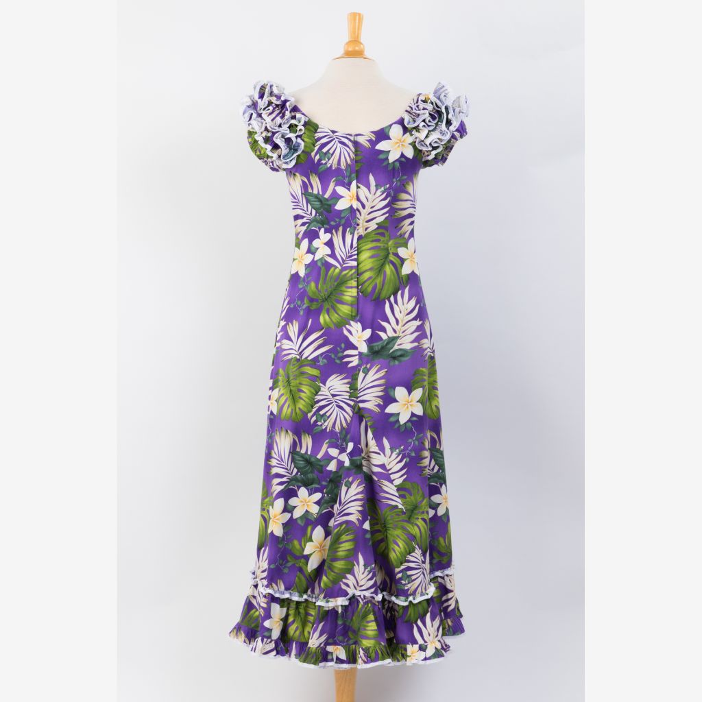 White Tiare Flower Gorgeous Ruffle Hawaiian Dress - Purple