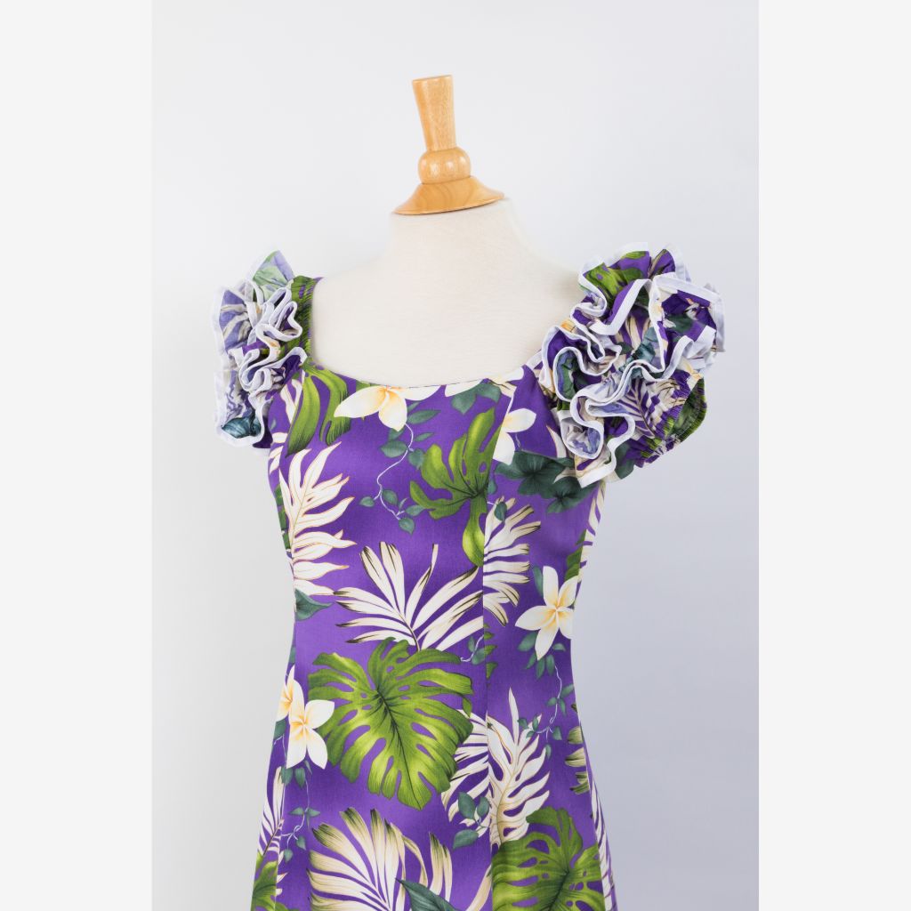 White Tiare Flower Gorgeous Ruffle Hawaiian Dress - Purple