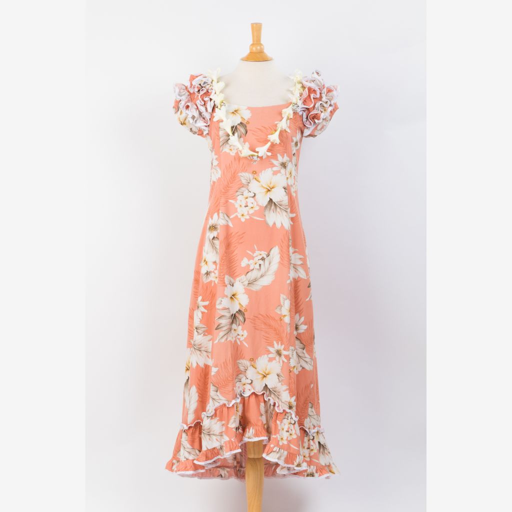 Peach Color Hibiscus Print Ruffle Sleeve Dress | Muumuu Mall by Muumuu ...