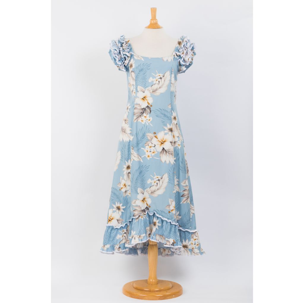 Pastel Blue Hibiscus Long Muumuu Hawaiian Dress