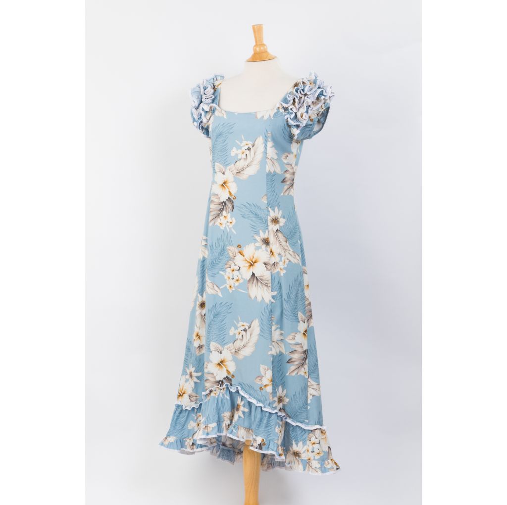 Pastel Blue Hibiscus Long Muumuu Hawaiian Dress