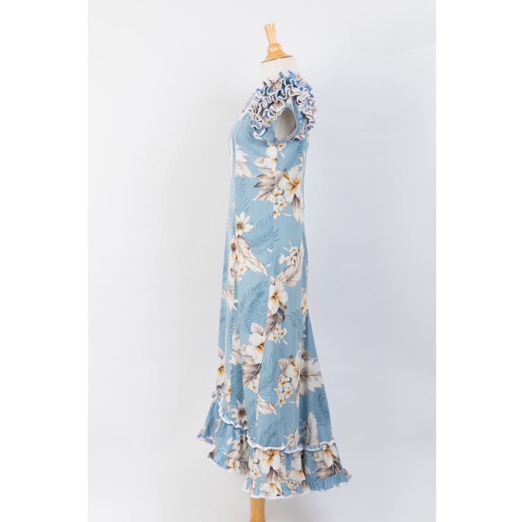 Pastel Blue Hibiscus Long Muumuu Hawaiian Dress-side view