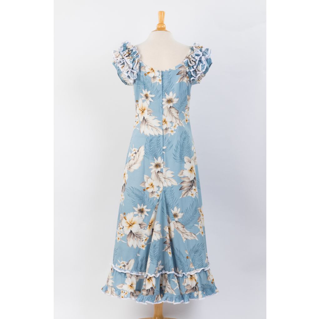 Pastel Blue Hibiscus Long Muumuu Hawaiian Dress back view