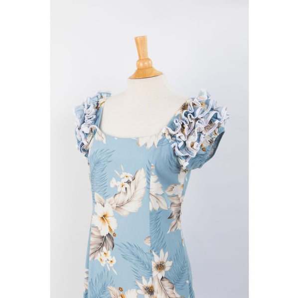 Pastel Blue Hibiscus Long Muumuu Hawaiian Dress-ruffle sleeve