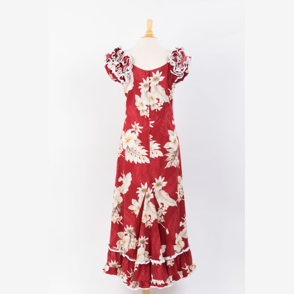 Red Hibiscus Long Muumuu Hawaiian Dress back view