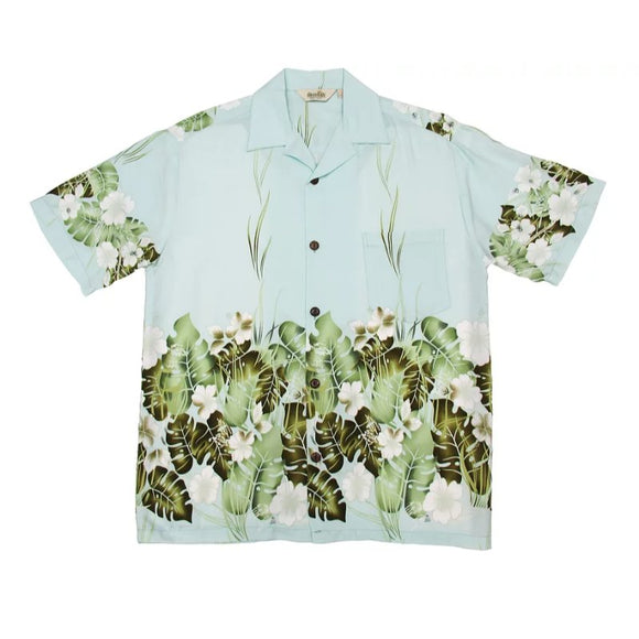 Pastel Blue Leafy Jungle Rayon Hawaiian Shirt | Pastel Blue - Muumuu Outlet
