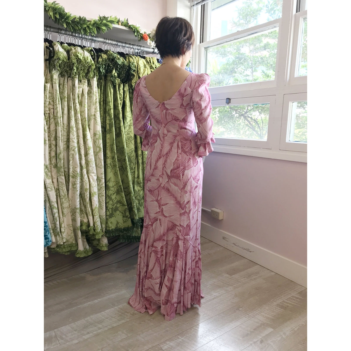 Pink Banana Leaf Rayon Long Hawaiian Dress - Muumuu Outlet