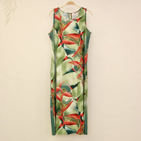 Sabado Designed Fabric Sleeveless Dress - Red Heliconia on Light Green - Muumuu Outlet