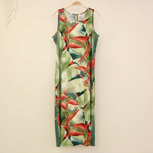 Sabado Designed Fabric Sleeveless Dress - Red Heliconia on Light Green - Muumuu Outlet
