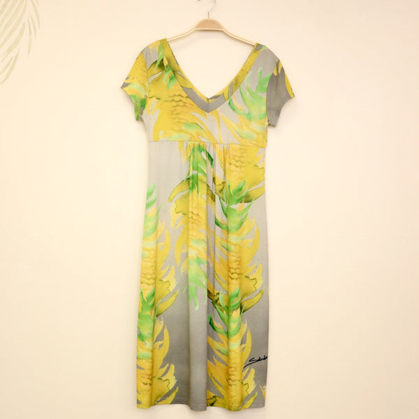 Sabado Design Short Sleeve Swing Dress, Yellow Torch Ginger on Gray - Muumuu Outlet