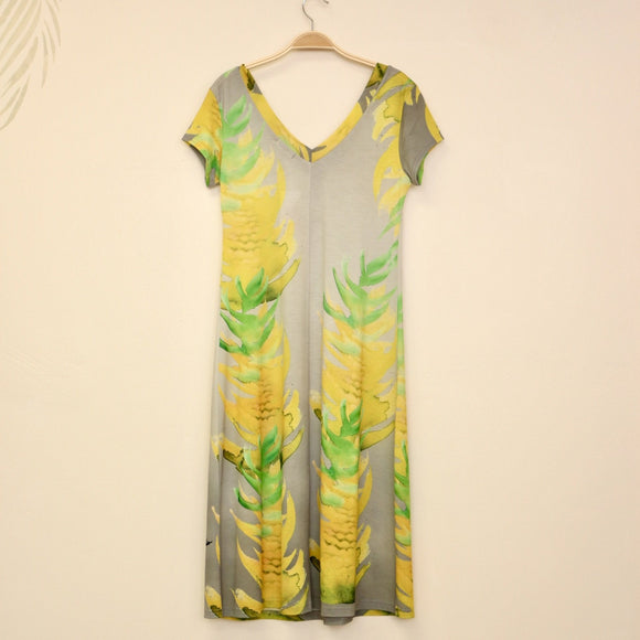 Sabado Design Short Sleeve Swing Dress, Yellow Torch Ginger on Gray - Muumuu Outlet