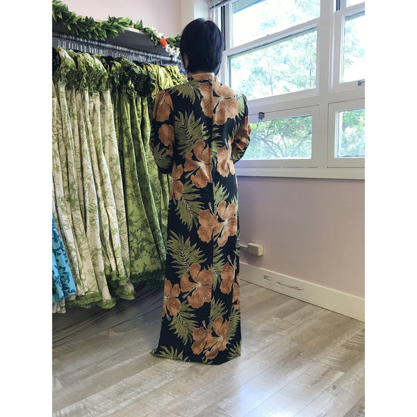 Brown Hibiscus Mandarin Collar Dress - Muumuu Outlet