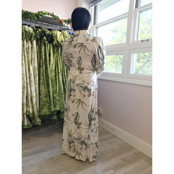 White Velvet Trim Mandarin Collar Hibiscus Dress 