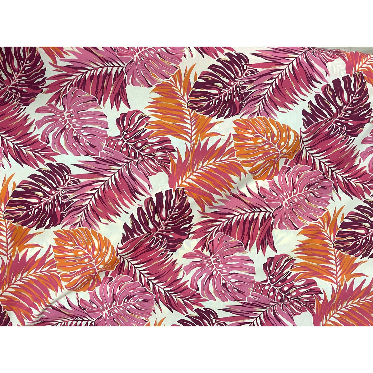 Modern Bright Pink and Orange Leaf Print Poly Cotton Hawaiian Fabric | Pink - Muumuu Outlet