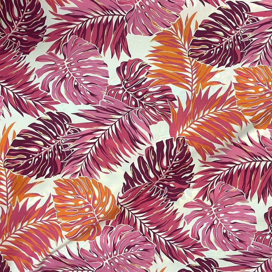 Modern Bright Pink and Orange Leaf Print Poly Cotton Hawaiian Fabric | Pink - Muumuu Outlet