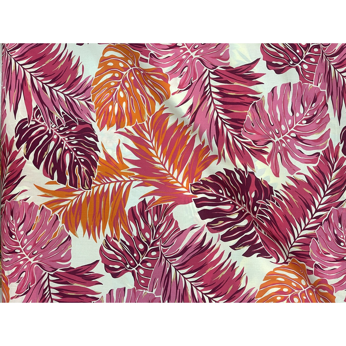 Modern Bright Pink and Orange Leaf Print Poly Cotton Hawaiian Fabric | Pink - Muumuu Outlet