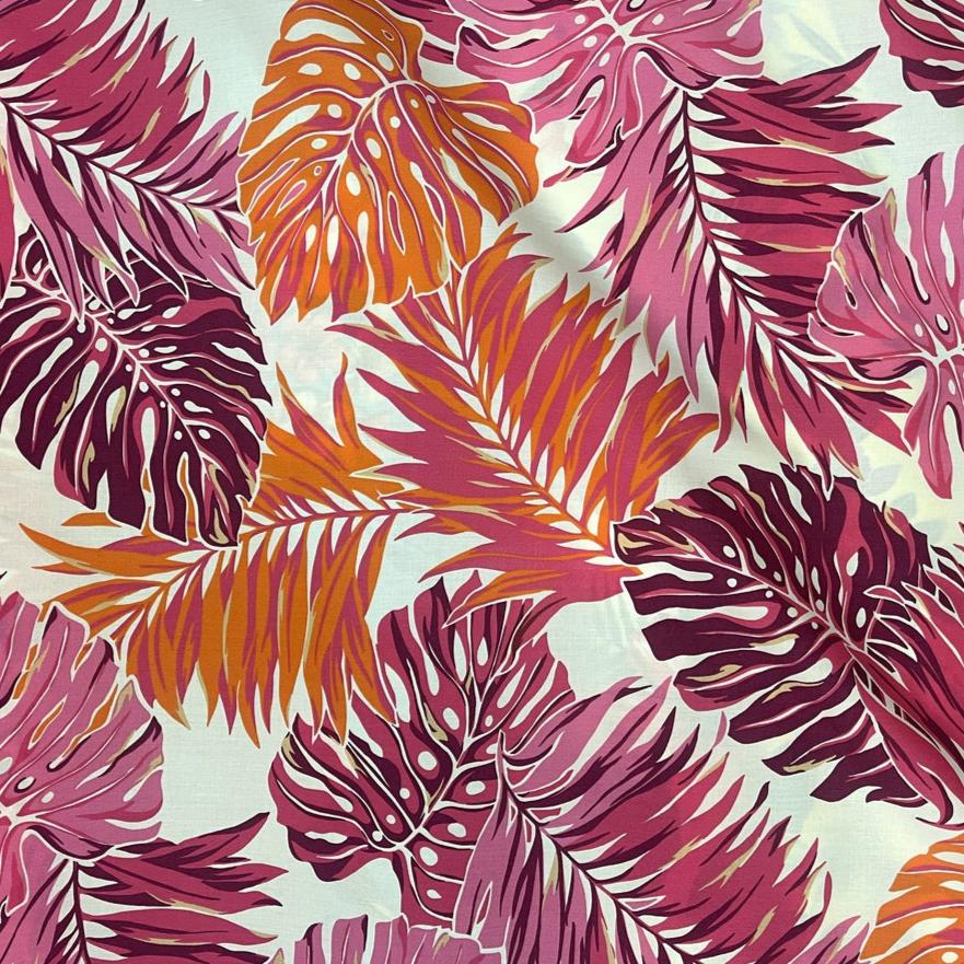 Modern Bright Pink and Orange Leaf Print Poly Cotton Hawaiian Fabric | Pink - Muumuu Outlet