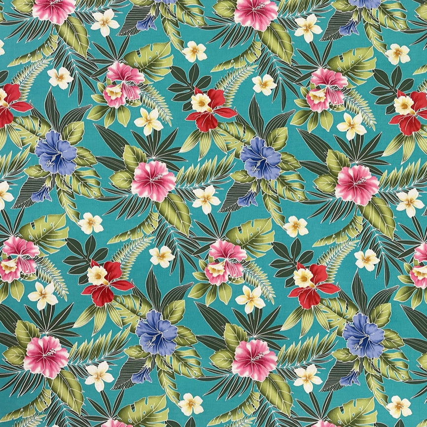 Small Hibiscus Print Cotton Hawaiian Fabric | Green - Muumuu Outlet