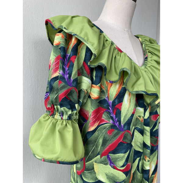 Hawaiian Muumuu Dress Green Plus Size Heliconia Print