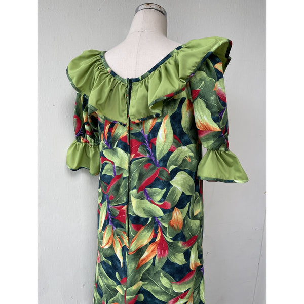 Hawaiian Muumuu Dress Green Plus Size Heliconia Print