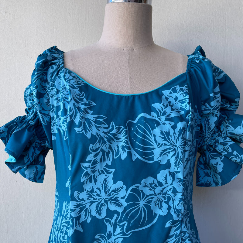 Teal Green Hawaiian Dress with Beautiful Tuberose Lei Print 2861