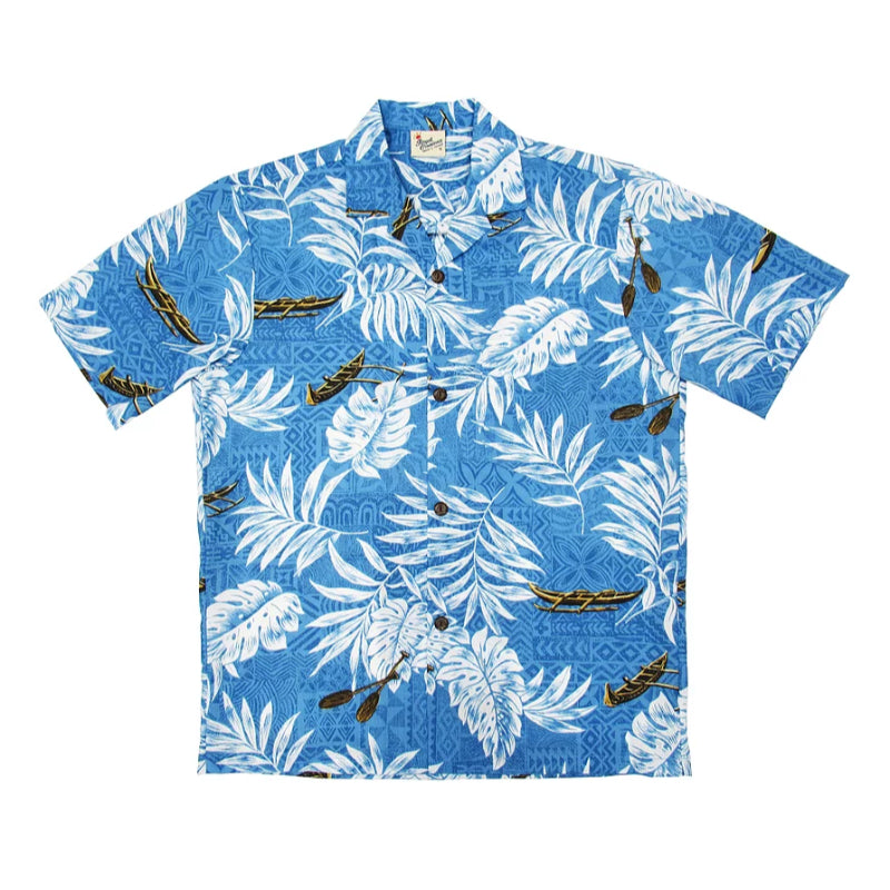 Leafy and Canoe Polynesian Print Aloha Shirt | Green, Blue, Beige - Muumuu Outlet