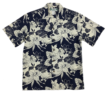 Navy Orchid and Plumeria Print Hawaiian Shirt - 0