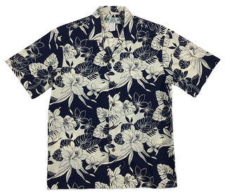 Navy Orchid and Plumeria Print Hawaiian Shirt