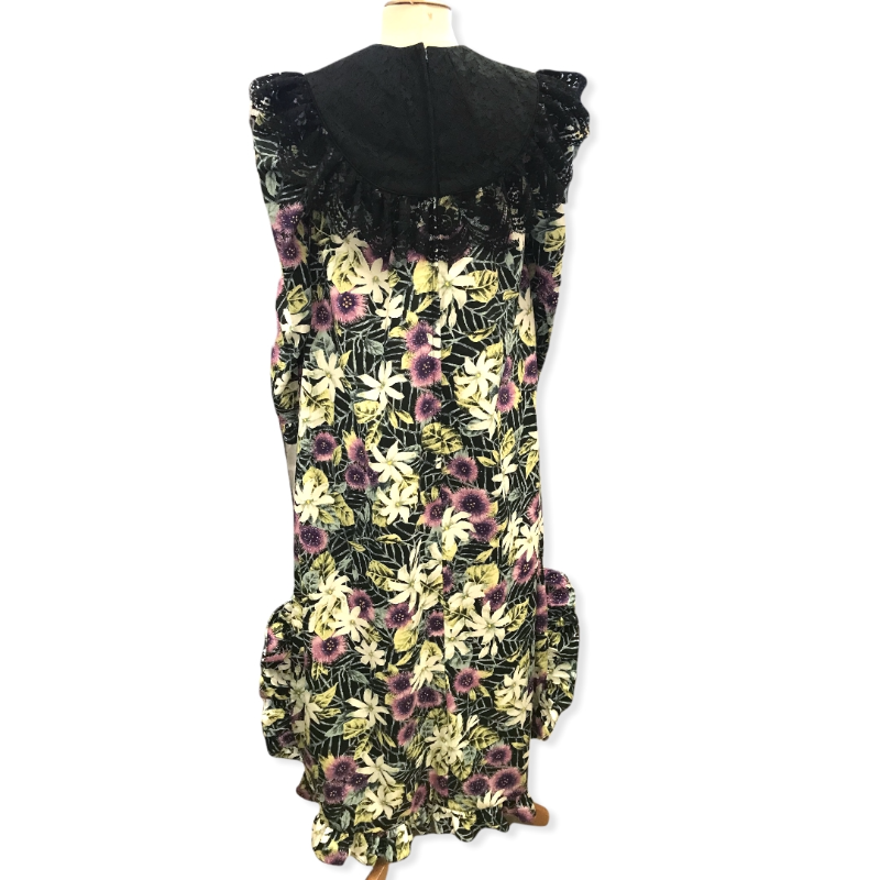 Purple Ohia Flower Long Sleeve Muumuu Dress with Beautiful Black Lace 464 - 0