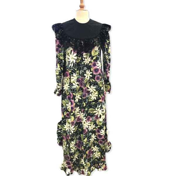 Purple Ohia Flower Long Sleeve Muumuu Dress with Beautiful Black Lace