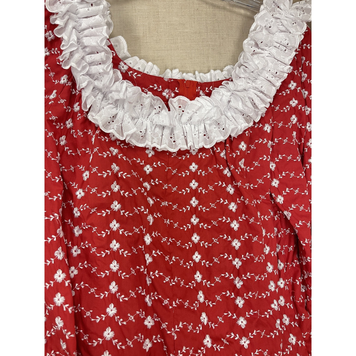 Red Muumuu Dress with White Lace Trim | Eyelet Red 6303