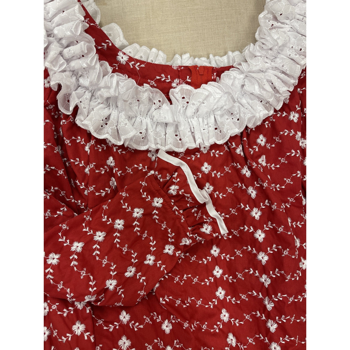 Red Muumuu Dress with White Lace Trim | Eyelet Red 6303