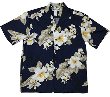 Navy Blue Hibiscus Hawaiian Shirt - 0
