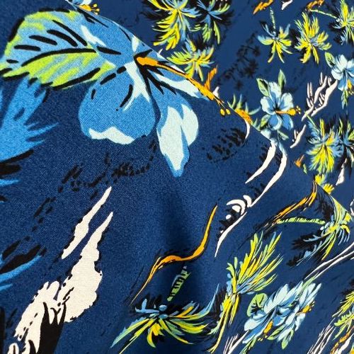 Vintage Feeling Ocean Waves with Hibiscus and Pineapple | Navy