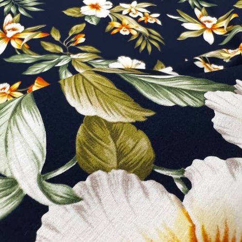 Hibiscus & Orchid Hawaiian Fabric | Navy 0223 BLU-0007C
