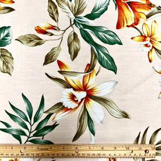 Elegant Hibiscus & Orchid Hawaiian Fabric | Beige Off White 0223 WHT-0001C