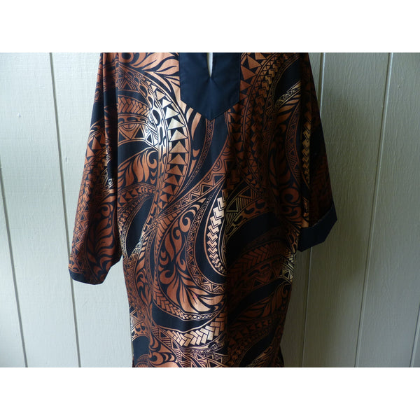 Men's Muumuu Kaftan | Ombre Bronze, Blue, Red, Black Tapa Print | Long Shirt