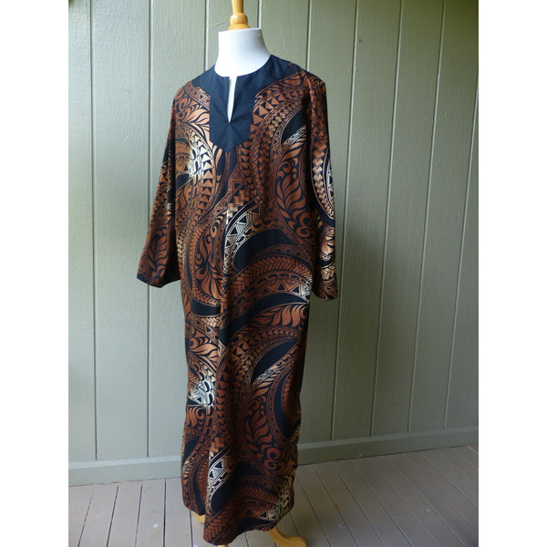 Men's Muumuu Kaftan | Ombre Bronze, Blue, Red, Black Tapa Print | Long Shirt