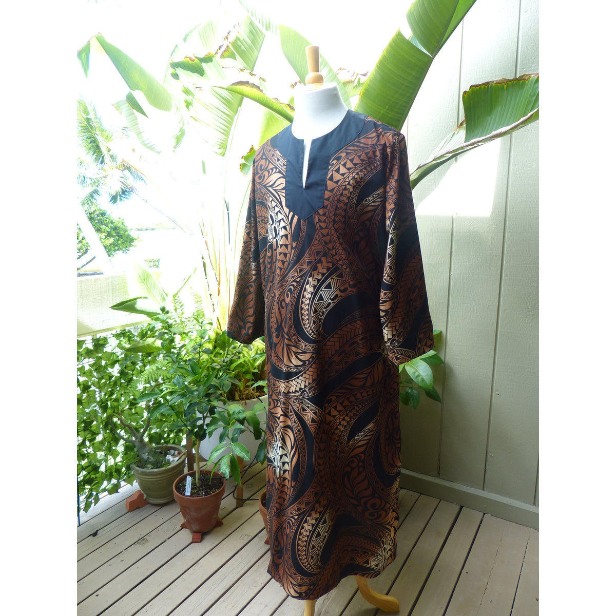 Men's Muumuu Kaftan | Bronze Tapa Print | Long Shirt - One Size