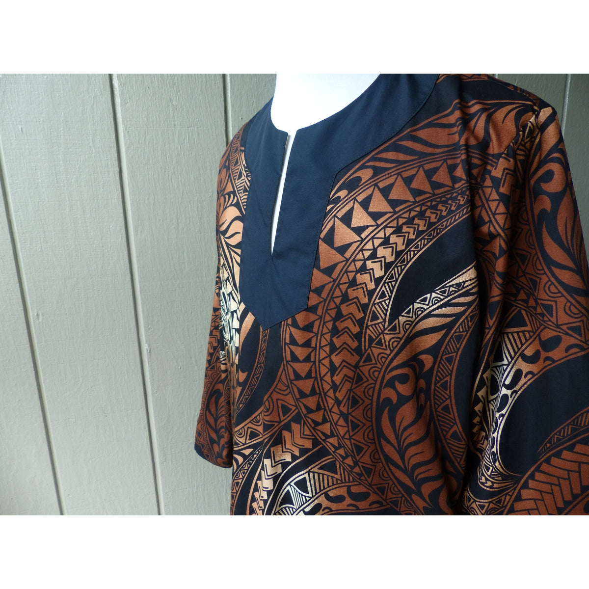 Men's Muumuu Kaftan | Bronze Tapa Print | Long Shirt - One Size