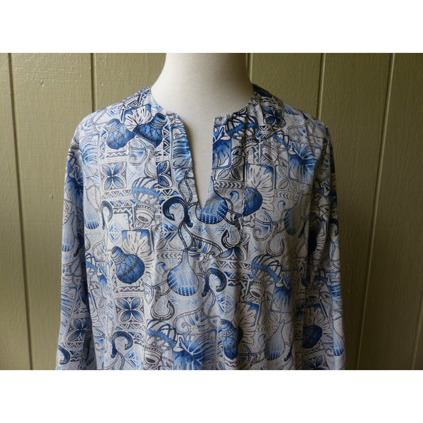 Men's Muumuu Reversible 2 Way Blue Kaftan | Ipu and Fish Print | Long Shirt